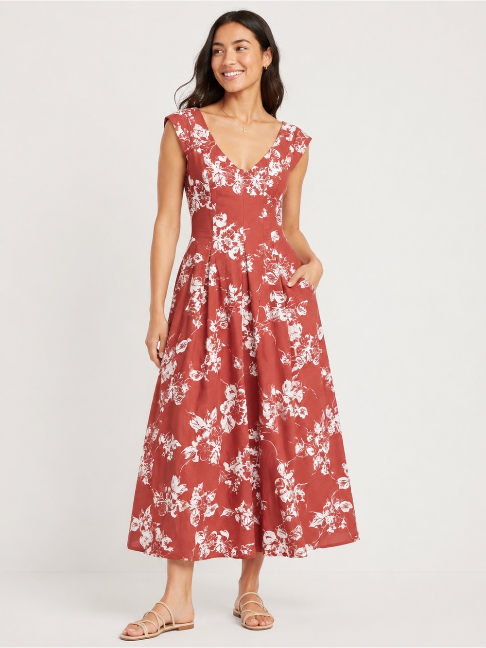 A New Day Rust Floral Corset Midi Dress Size S Cotton